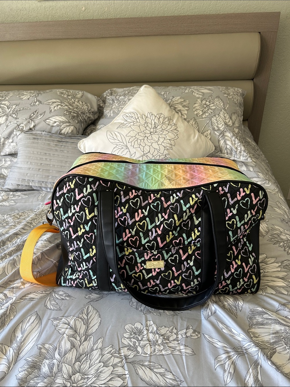 Lov Betsey Johnson Black Quilted Weekender with Rainbow Hearts & Iridescent Trim